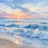 Aquarellbild eines Sonnenuntergangs an einem Meeresstrand mit größeren Wellen