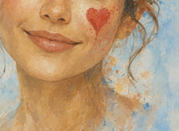 Aquarellbild eines weiblichen Gesichts vom Hals bis unter die Augen mit einem auf die Wange gemalten Herz