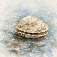 Aquarellbild einer halb geöffneten Muschel in seichtem Wasser