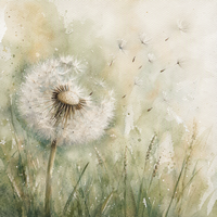 Aquarellbild einer Pusteblume, bei der die ersten Samen davonfliegen